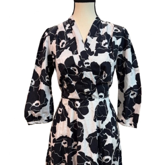 eShakti Black White Floral Cotton Midi Dress ¾ Sleeve V Neck Size 6 - Picture 2 of 8